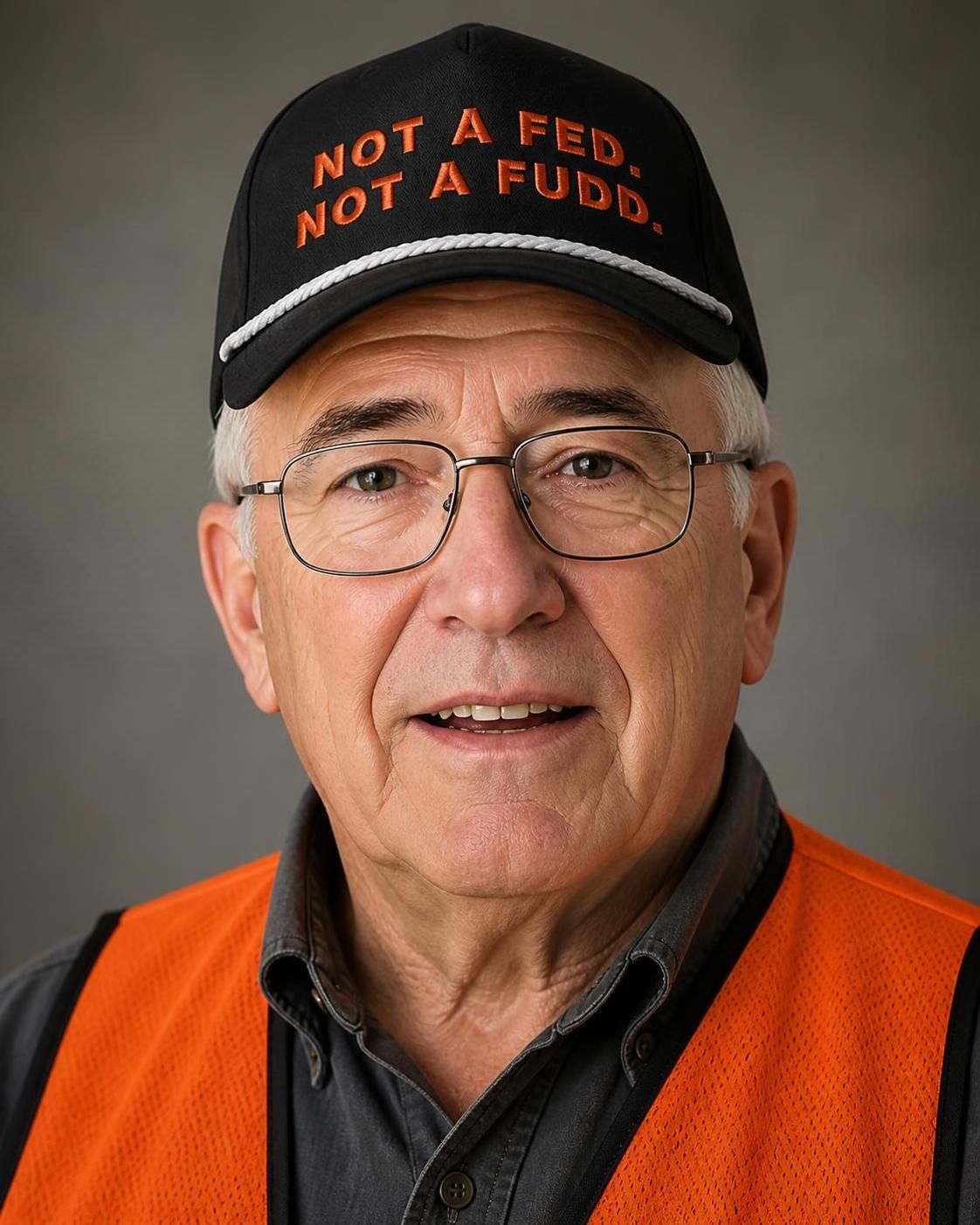 Older man in an orange vest wearing the Not A Fed. Not A Fudd. rope hat