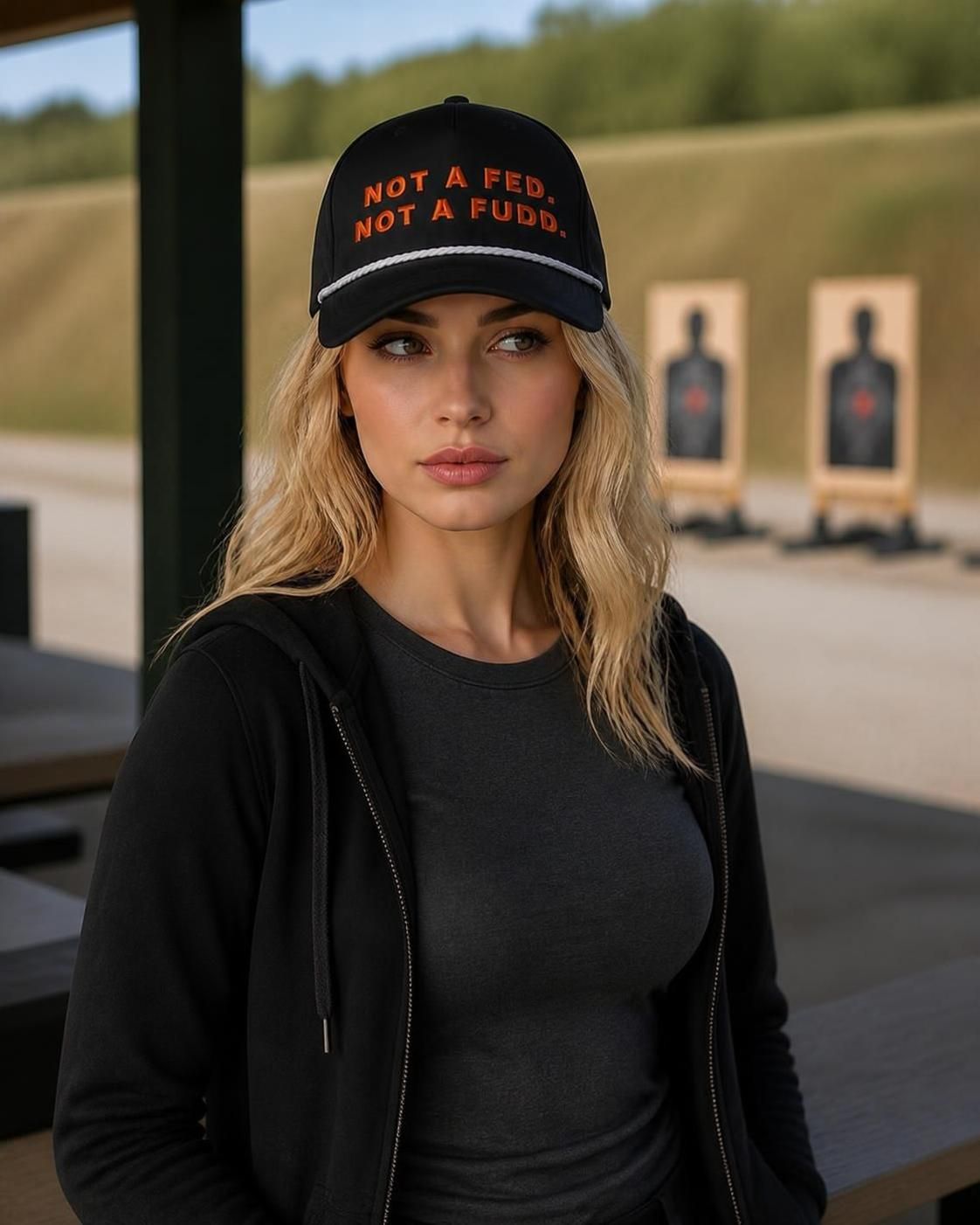 Woman wearing the Not A Fed. Not A Fudd. rope hat at a shooting range